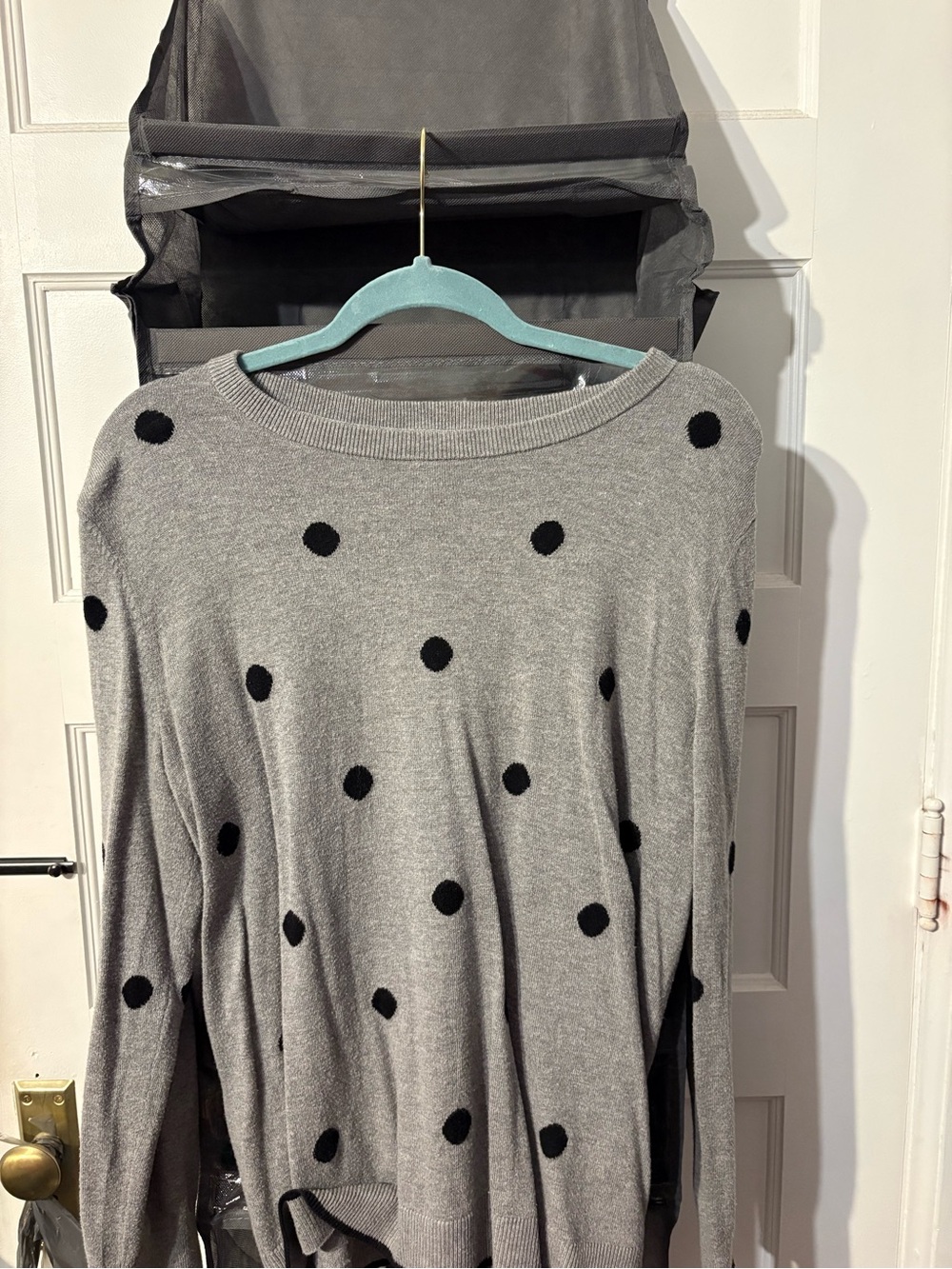 Market & Spruce Grey Crewneck Sweater with Black Polka Dots
